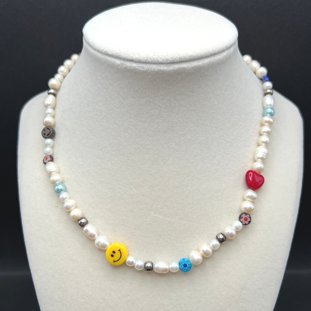 Freshwater Pearl Millefiori Beaded Necklace Smiley Face Heart Fun Kitsch Kidcore